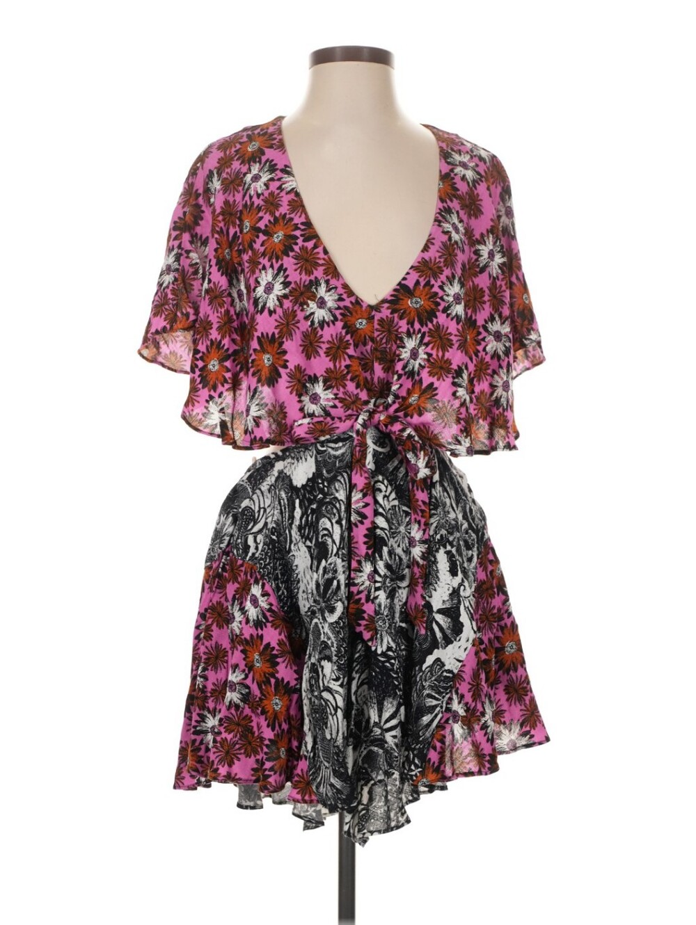 Free People Size XS Pink Floral V-Neck Tie-Waist Mini Cocktail Dress NWT